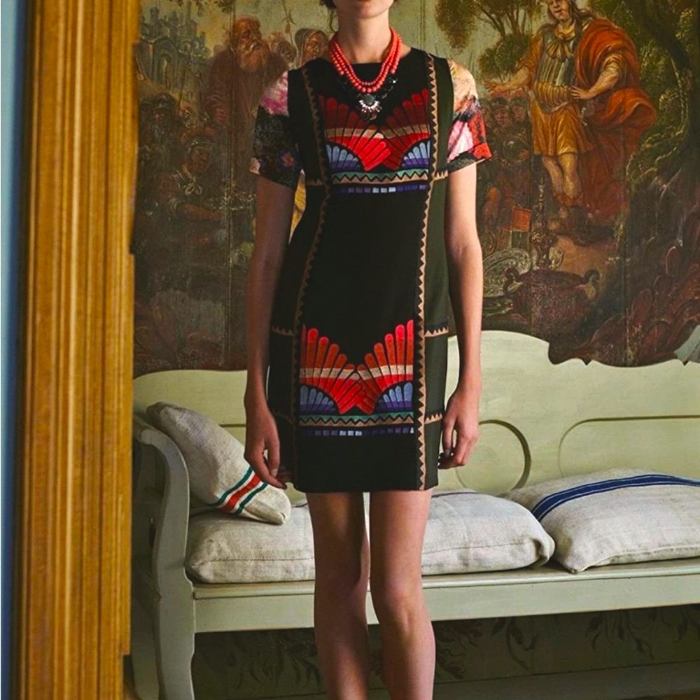 Anthropologie Ranna Gill Women's Fanned Vignette Shift Dress, Black Multi